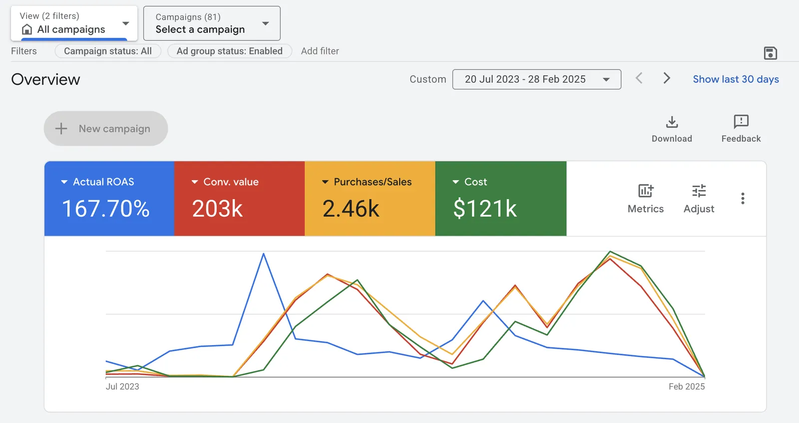 Dashboard Google Ads AgeRelief: clic, impression, acquisti e costo sull'intero periodo