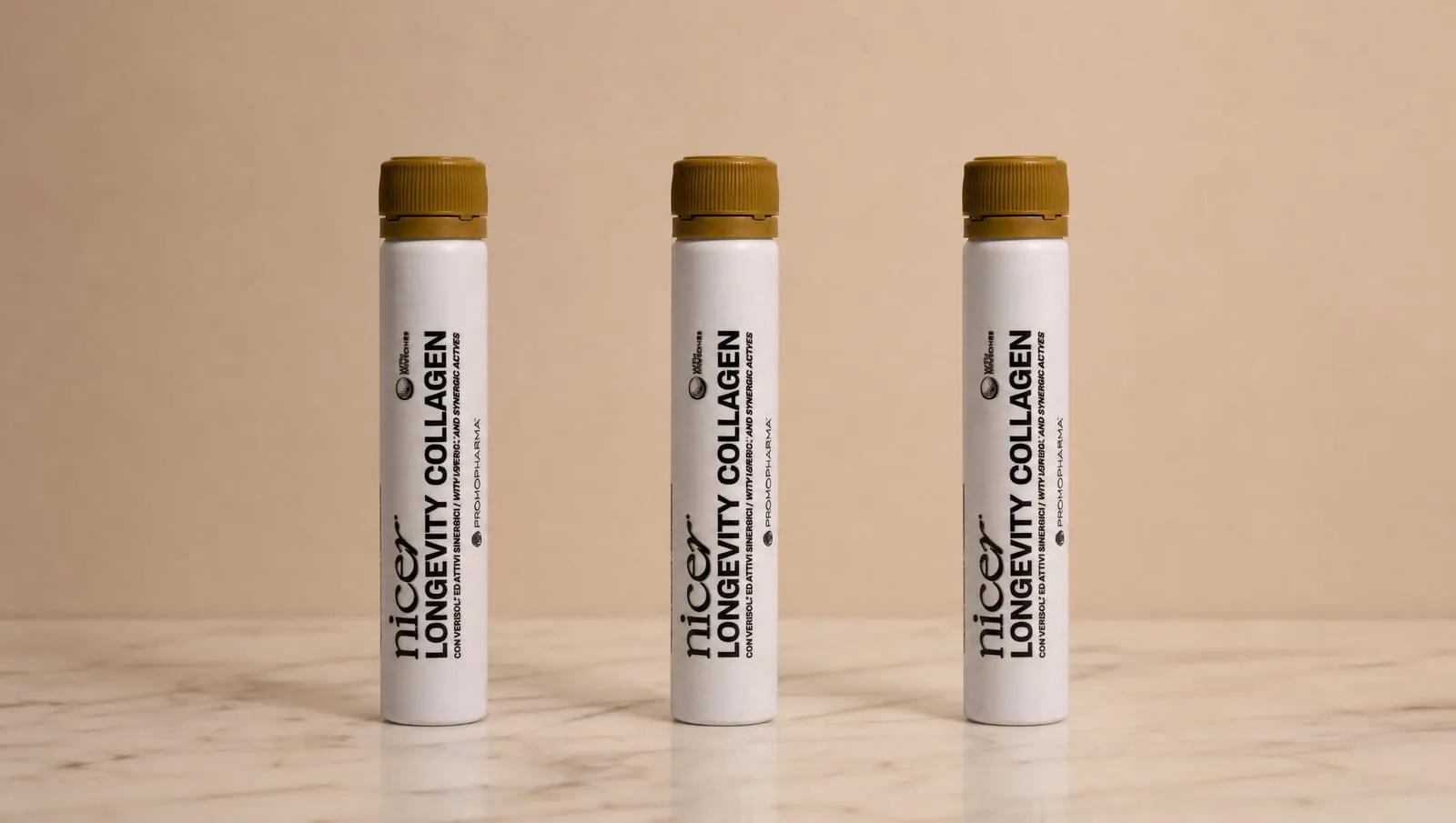 Longevity Collagen, trio prodotto su marmo