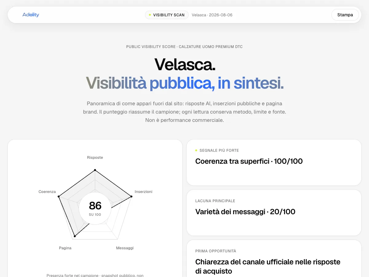 Sintesi del Visibility Scan indipendente eseguito su Velasca, con punteggio 86 su 100